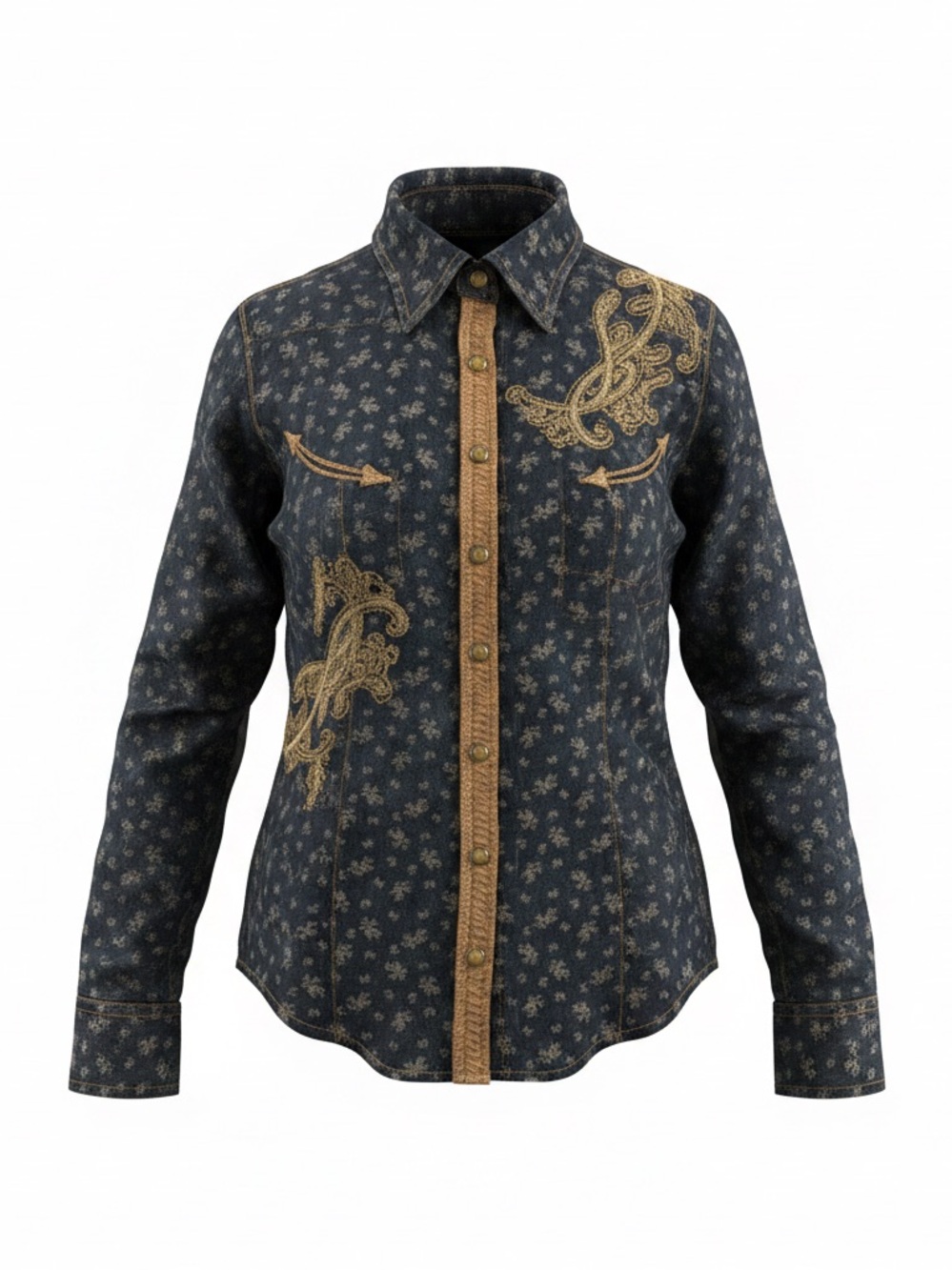 Roar women’s Embroidered Dark Denim Button-Up Shirt with Gold Accents size L